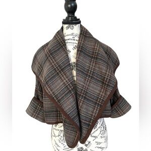 Willow & Clay Plaid Cropped Shawl Jacket Brown Gray Open Front Cape Cardigan S